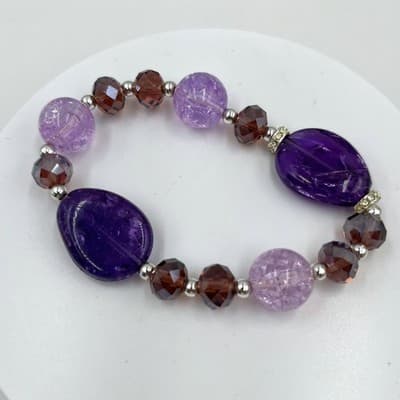 VTG Purple Beaded Stretch Bracelet Faceted Glass Crackle Beads Statement Chunky - Image 1