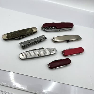 VTG Pocket Knife Multi Tool Lot of 7 Stainless China Red Folding Blade Estate - Image 1