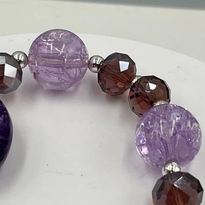 VTG Purple Beaded Stretch Bracelet Faceted Glass Crackle Beads Statement Chunky - Thumbnail 5