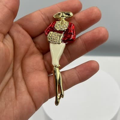 Vintage Style Lady Figural Brooch Red Enamel Gold Tone Rhinestone Dress Pin - Thumbnail 4