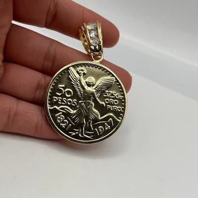 Vintage Mexican 50 Pesos Coin Pendant Winged Victory Centenario Style Gold Tone - Thumbnail 2