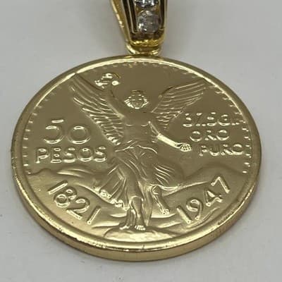 Vintage Mexican 50 Pesos Coin Pendant Winged Victory Centenario Style Gold Tone - Thumbnail 4