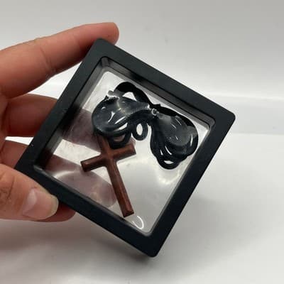 Vintage Handcrafted Wood Cross Necklace Brown Wood Pendant Black Cord Religious - Thumbnail 9