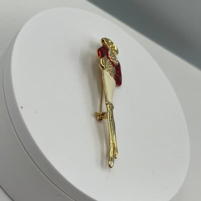 Vintage Style Lady Figural Brooch Red Enamel Gold Tone Rhinestone Dress Pin - Thumbnail 3
