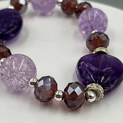 VTG Purple Beaded Stretch Bracelet Faceted Glass Crackle Beads Statement Chunky - Thumbnail 4