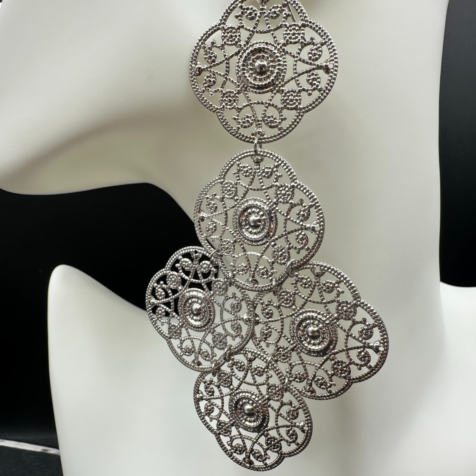 VTG 90s Silver Tone Filigree Drop Dangle Earrings Bohemian Floral Scrollwork - Image 1