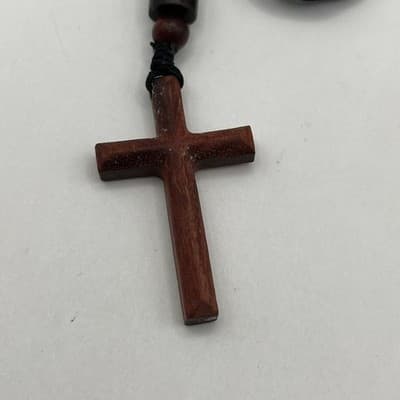 Vintage Handcrafted Wood Cross Necklace Brown Wood Pendant Black Cord Religious - Thumbnail 4