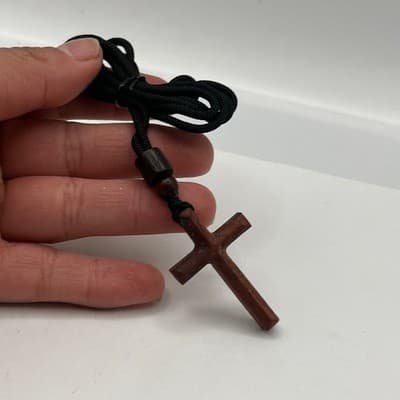 Vintage Handcrafted Wood Cross Necklace Brown Wood Pendant Black Cord Religious - Thumbnail 5