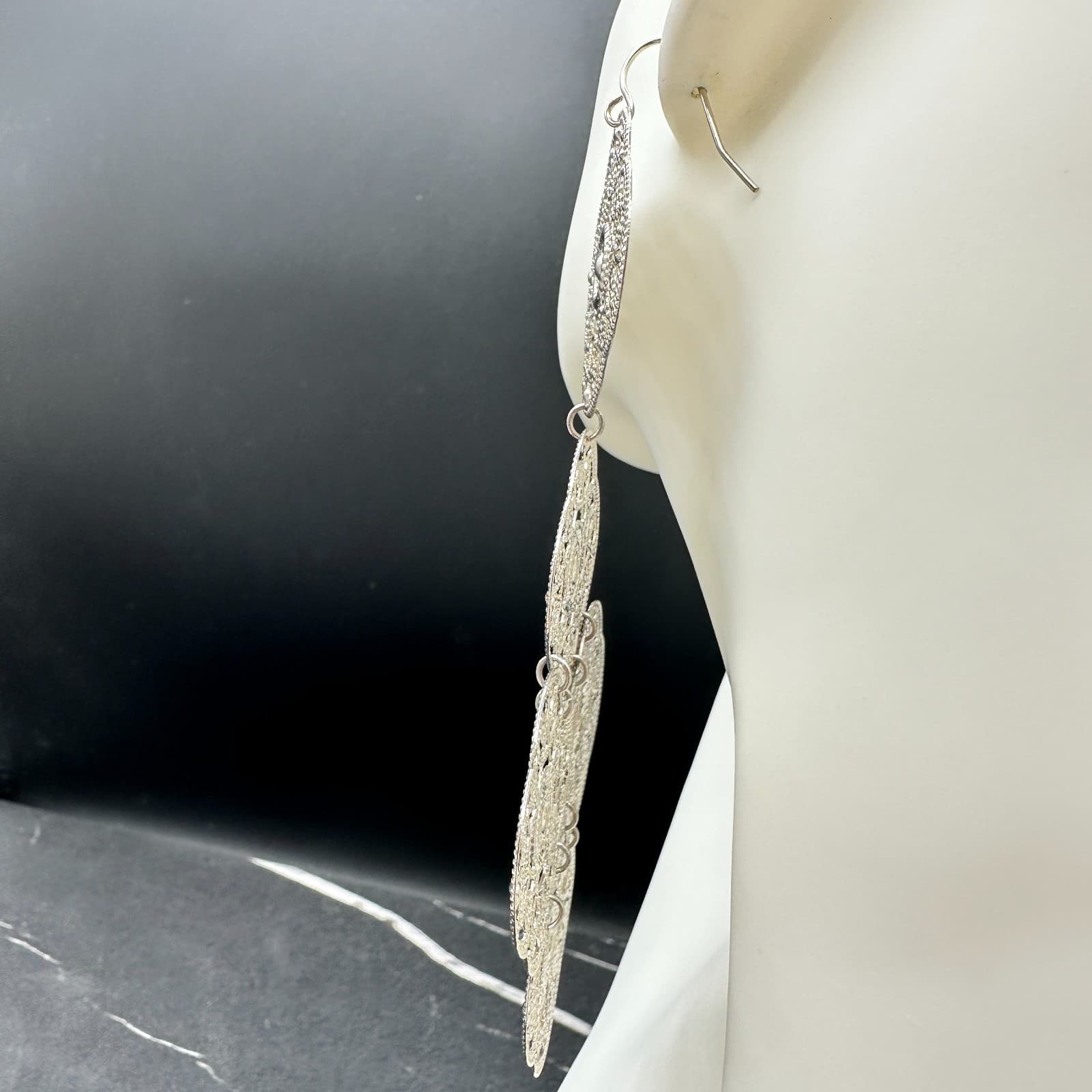 VTG 90s Silver Tone Filigree Drop Dangle Earrings Bohemian Floral Scrollwork - Thumbnail 7