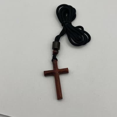Vintage Handcrafted Wood Cross Necklace Brown Wood Pendant Black Cord Religious - Thumbnail 2