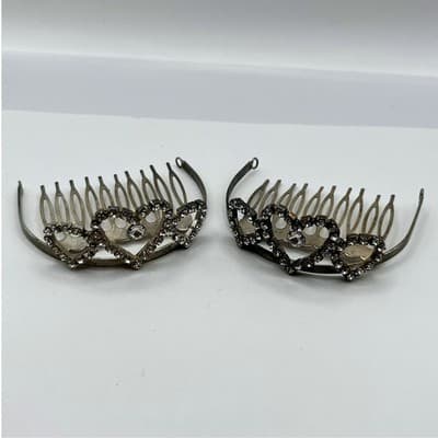 Vintage Silver Tone Hair Combs Rhinestone Heart Tiara Bridal Wedding Set of 2 - Image 1
