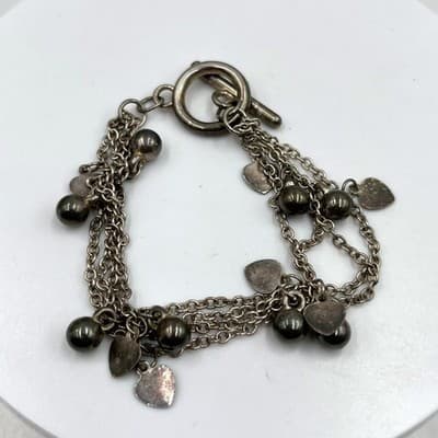Vintage Multi Chain Charm Bracelet Dark Pearl Bead Heart Dangle Classic Fashoin - Image 1