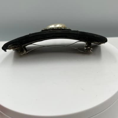 Barrette Hair Clip Vintage Faux Pearl Paisley Gold Tone Embroidery Black Fabric - Thumbnail 4