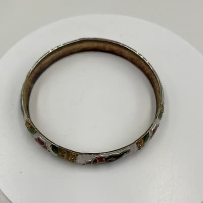 Vintage Gold Tone Flat Mesh Bangle Bracelet Elephant Floral Enamel Bohemian Gift - Thumbnail 2
