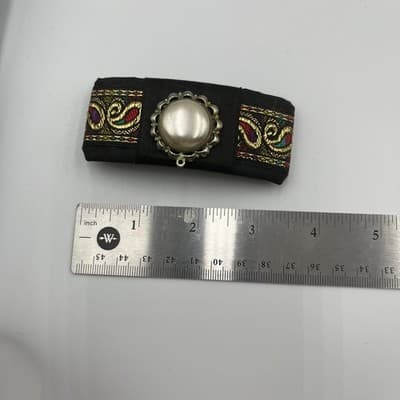 Barrette Hair Clip Vintage Faux Pearl Paisley Gold Tone Embroidery Black Fabric - Thumbnail 6