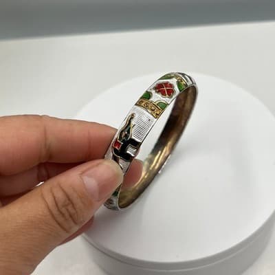 Vintage Gold Tone Flat Mesh Bangle Bracelet Elephant Floral Enamel Bohemian Gift - Thumbnail 3