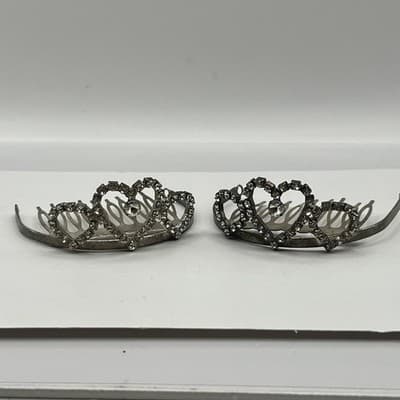 Vintage Silver Tone Hair Combs Rhinestone Heart Tiara Bridal Wedding Set of 2 - Thumbnail 4