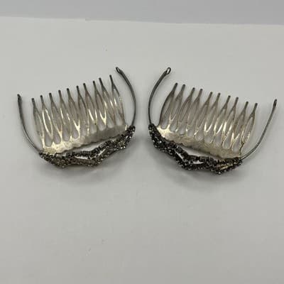 Vintage Silver Tone Hair Combs Rhinestone Heart Tiara Bridal Wedding Set of 2 - Thumbnail 2