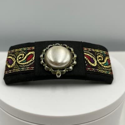 Barrette Hair Clip Vintage Faux Pearl Paisley Gold Tone Embroidery Black Fabric - Thumbnail 2