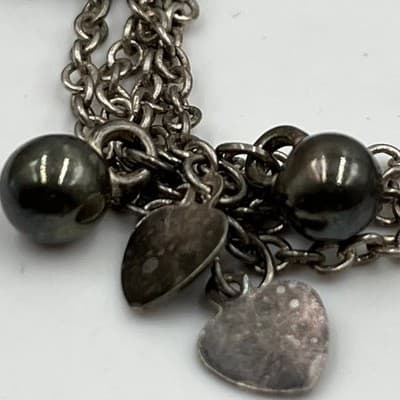 Vintage Multi Chain Charm Bracelet Dark Pearl Bead Heart Dangle Classic Fashoin - Thumbnail 3