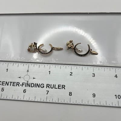 Vintage Celestial Moon Clip On Earring Gold Tone Black Crystal Faux Pearl Dangle - Thumbnail 6