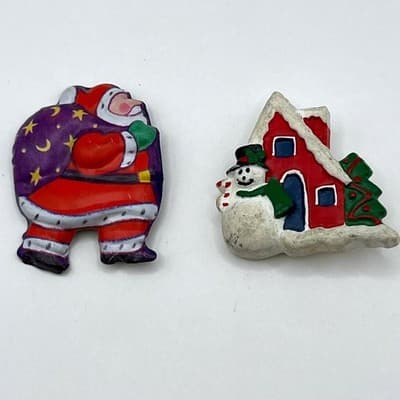 VTG Christmas Pin Lot Santa with Toy Sack & Snowman at Cottage Holiday Brooch - Image 1