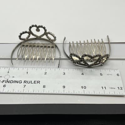 Vintage Silver Tone Hair Combs Rhinestone Heart Tiara Bridal Wedding Set of 2 - Thumbnail 8