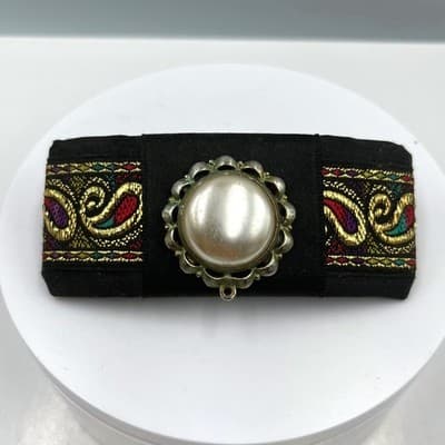 Barrette Hair Clip Vintage Faux Pearl Paisley Gold Tone Embroidery Black Fabric - Image 1