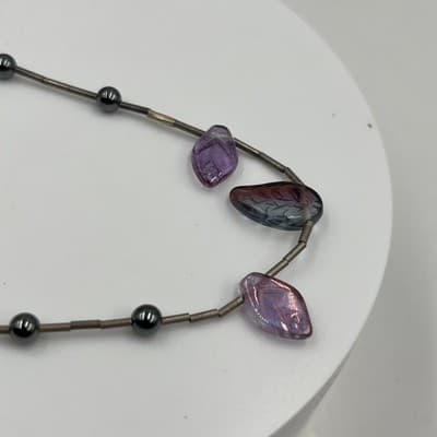 Vintage Liquid Silver Bead Bracelet Hematite Purple Glass Leaves Feather Charm - Thumbnail 2