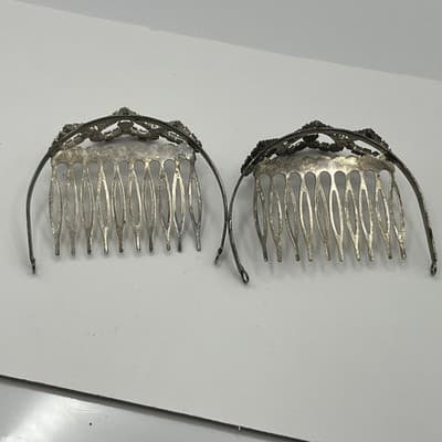 Vintage Silver Tone Hair Combs Rhinestone Heart Tiara Bridal Wedding Set of 2 - Thumbnail 6