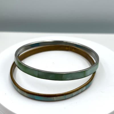 Vintage Set of 2 Inlay Bangle Bracelets Green Blue Shell Look Slim Stackable - Image 1