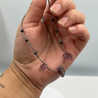 Vintage Liquid Silver Bead Bracelet Hematite Purple Glass Leaves Feather Charm - Thumbnail 5