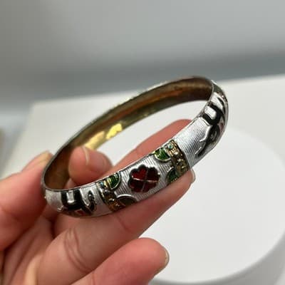 Vintage Gold Tone Flat Mesh Bangle Bracelet Elephant Floral Enamel Bohemian Gift - Thumbnail 4