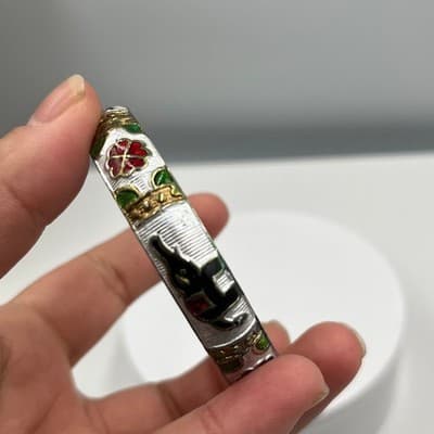 Vintage Gold Tone Flat Mesh Bangle Bracelet Elephant Floral Enamel Bohemian Gift - Thumbnail 6