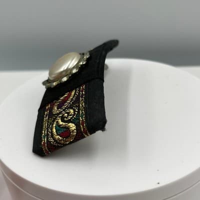 Barrette Hair Clip Vintage Faux Pearl Paisley Gold Tone Embroidery Black Fabric - Thumbnail 3