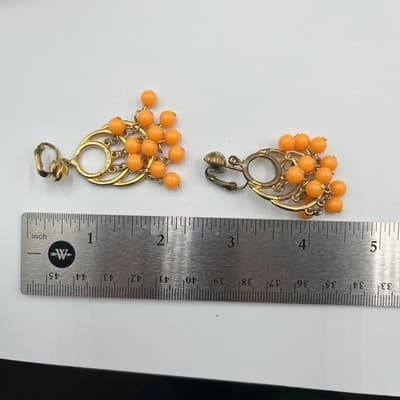 Vintage Gold Tone Clip On Dangle Chandelier Earrings Orange Beaded Triple Tier - Thumbnail 7