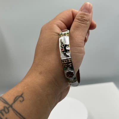 Vintage Gold Tone Flat Mesh Bangle Bracelet Elephant Floral Enamel Bohemian Gift - Thumbnail 7