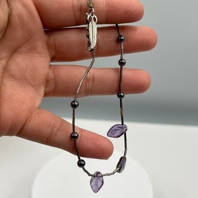 Vintage Liquid Silver Bead Bracelet Hematite Purple Glass Leaves Feather Charm - Thumbnail 4