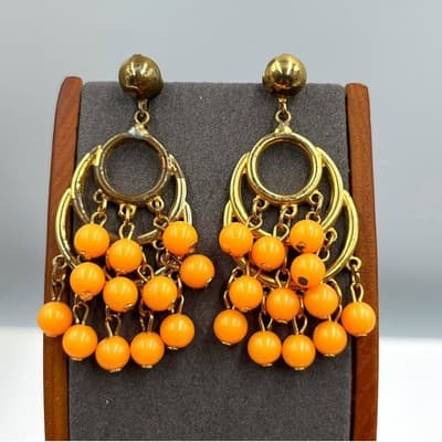 Vintage Gold Tone Clip On Dangle Chandelier Earrings Orange Beaded Triple Tier - Image 1