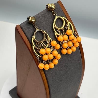 Vintage Gold Tone Clip On Dangle Chandelier Earrings Orange Beaded Triple Tier - Thumbnail 5