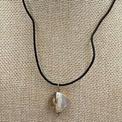 Vintage Black Cord Necklace Iridescent Abalone Shell Pendant Minimalist Natural - Image 1