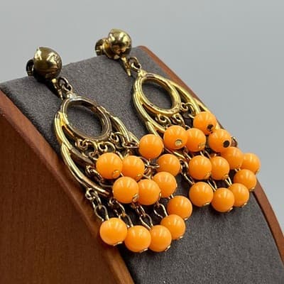 Vintage Gold Tone Clip On Dangle Chandelier Earrings Orange Beaded Triple Tier - Thumbnail 4