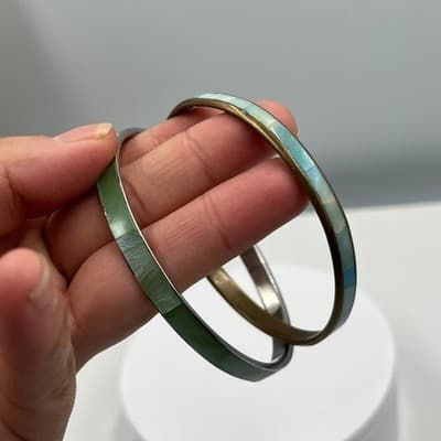 Vintage Set of 2 Inlay Bangle Bracelets Green Blue Shell Look Slim Stackable - Thumbnail 6