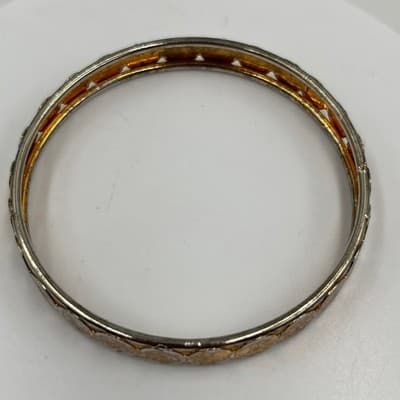 Vintage Two Tone Mixed Metal Bangle Bracelet Embossed Coin Design Boho Jewelry - Thumbnail 2
