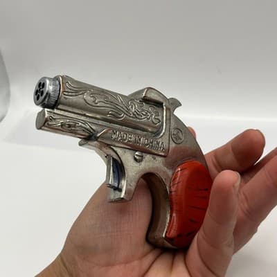 Vintage Style Miniature Derringer Pistol Lighter Novelty Silver Tone Red Grip - Thumbnail 6