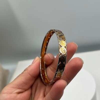 Vintage Two Tone Mixed Metal Bangle Bracelet Embossed Coin Design Boho Jewelry - Thumbnail 5