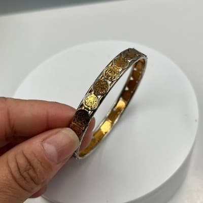 Vintage Two Tone Mixed Metal Bangle Bracelet Embossed Coin Design Boho Jewelry - Thumbnail 3