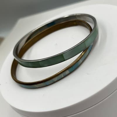Vintage Set of 2 Inlay Bangle Bracelets Green Blue Shell Look Slim Stackable - Thumbnail 3