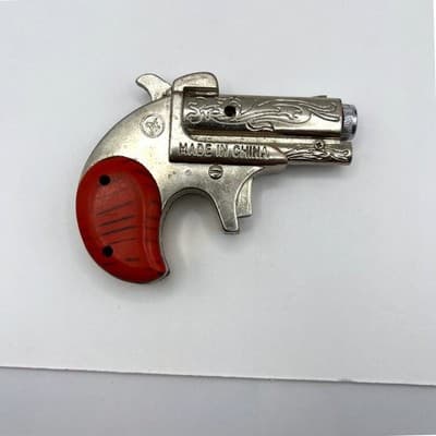 Vintage Style Miniature Derringer Pistol Lighter Novelty Silver Tone Red Grip - Image 1