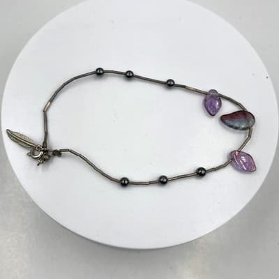 Vintage Liquid Silver Bead Bracelet Hematite Purple Glass Leaves Feather Charm - Image 1